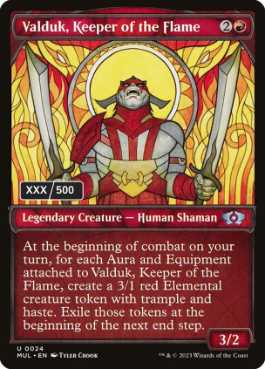[154]【EN】【ダブルレインボウFOIL】炎の番人、ヴァルダーク/Valduk, Keeper of the Flame(シリアル入り)【MUL】[U][赤]