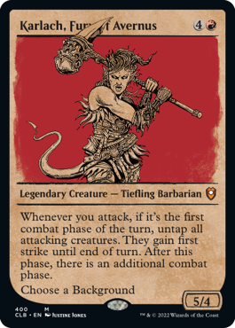 [400]【EN】【FOIL】■ショーケース■アヴェルヌスの憤怒、カーラック/Karlach, Fury of Avernus【CLB】[M][赤]