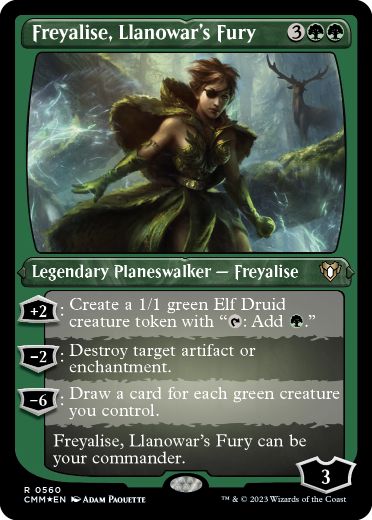 [560]【EN】【エッチングFOIL】ラノワールの憤激、フレイアリーズ/Freyalise, Llanowar's Fury【CMM】[R][緑]