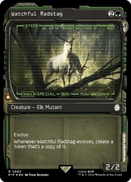 [863]【EN】【サージFOIL】■ショーケース■警戒するラッドスタッグ/Watchful Radstag【PIP】[R][緑]